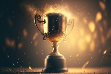 Winner gold trophy with blurred sparks on background. Generative AI - obrazy, fototapety, plakaty