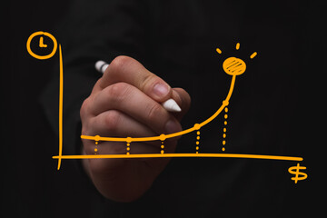 businessman drawing statistical graph of monetary growth, black background