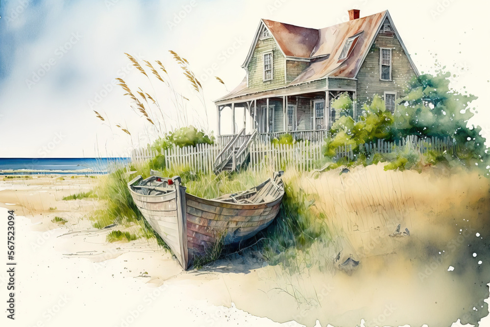 Wall mural illustration in watercolor of a summer home on a sandy beach with grass, a collapsed wooden fence, a