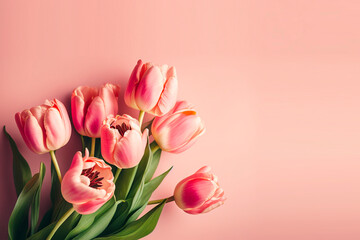 Pink tulips on pink background. Flat lay, top view, copy space. Generative AI