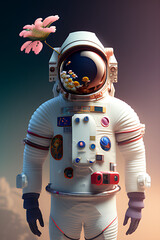 Naklejka premium astronaut a flower coming out of the helmet in a white suit with a purple and green background