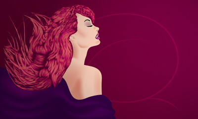 red haired woman looking to the side and red background, vector illustration, web format