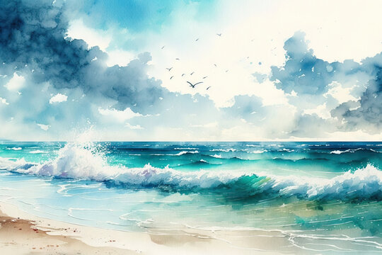 Illustration of a sea in watercolor. Generative AI