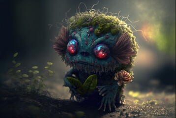 Infected forest flora, zombie pathogen changes any plant and forms woody mutated skulls and creepy eyes to appear - viral fungus growth with cute flowers hides the toxic danger - generative AI. - obrazy, fototapety, plakaty
