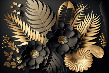 Gold and black floral patterns luxury background, paper cut flowers. AI