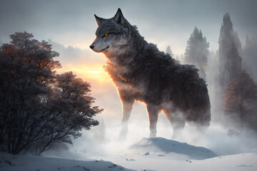 Beautiful northern landscape with giant wolf, warg Fenrir, AI generated - obrazy, fototapety, plakaty