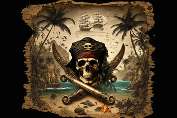 Naklejka premium history context treasure beach pirate island sea cave gun pistol skull map. Generative AI