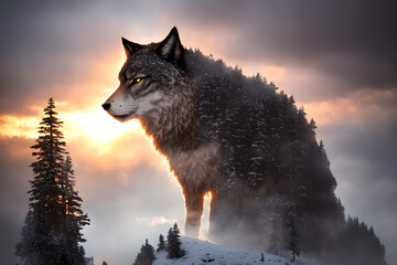 Beautiful northern landscape with giant wolf, warg Fenrir, AI generated