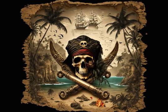 history context treasure beach pirate island sea cave gun pistol skull map. Generative AI
