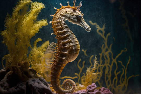 Hippocampus guttulatus, a Mediterranean Seahorse, in a saltwater aquarium. Generative AI
