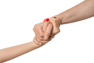 The man's hand clings tightly to the woman's, as if pulling it towards him.
