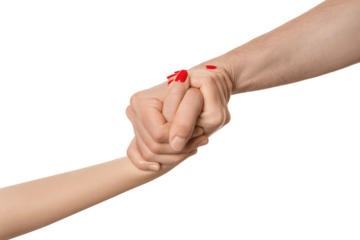 The man's hand clings tightly to the woman's, as if pulling it towards him.