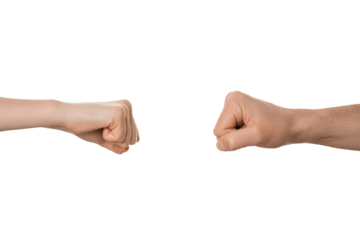 Man's and woman's fists near each other, about to fist bump. Fight, clash, conflict concept.