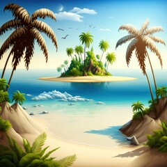 Tropical beach paradise of palms, water, sand, vibrant colors, peaceful landscapes. Generative AI