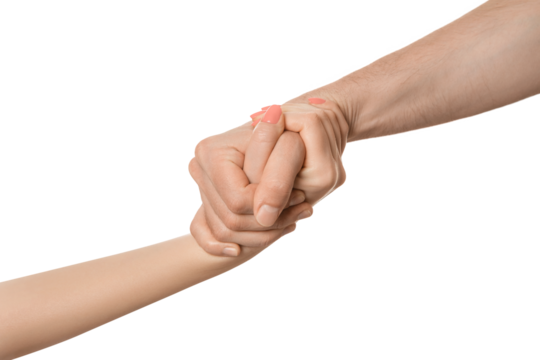 The man's hand firmly holds on to the woman's, as if pulling it towards him. - Powered by Adobe