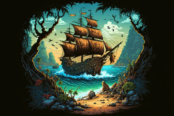 Fototapeta premium Illustration of a pirate ship wreck with a treasure chest on a coast. Generative AI