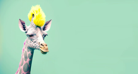 Giraffe with mohawk hair - Generative AI - obrazy, fototapety, plakaty