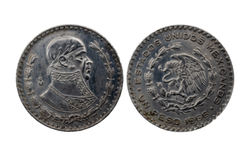 Reverso y anverso de la Moneda de un peso de 1966, con la imagen de Morelos y el escudo del águila devorando una serpiente Estados Unidos Mexicanos

