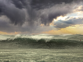 Storm on the Mediterranean Sea. Stormy sky, rain, waves