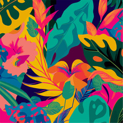 Exotic Garden Vector Illustration, tropical Flowers and Leaves Graphic Pattern