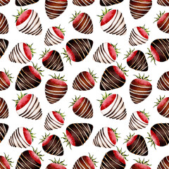 Seamless pattern with strawberries in chocolate. Valentine's Day. Watercolor isolated illustration on white background. For postcards, posters, textile design.
