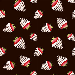 Seamless pattern with strawberries in chocolate. Valentine's Day. Watercolor isolated illustration on white background. For postcards, posters, textile design.