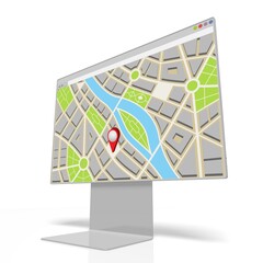 City map with location pin on computer monitor - 3D illustration