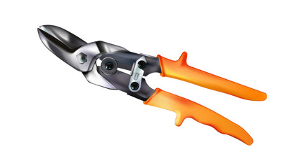Chrome hand metal shears, modern steel realistic tool with orange handles. Scissors for cutting sheet steel, work instrument isolated.  png