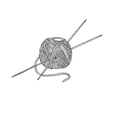 recommend clip art: Round skein of wool yarn with two knitting needles.  Vector black and white illustration, a doodle-style ball of thread icon.