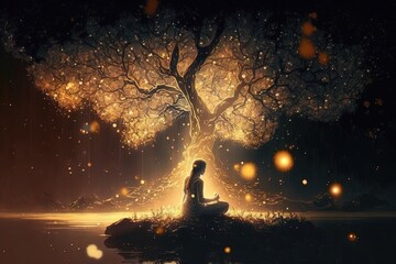 Fototapeta na wymiar Human sitting in a meditation position under a tree. Light Particles art