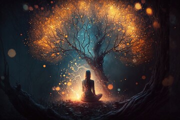 Human sitting in a meditation position under a tree. Light Particles art - obrazy, fototapety, plakaty