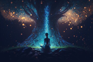 Fototapeta na wymiar Human sitting in a meditation position under a tree. Light Particles art