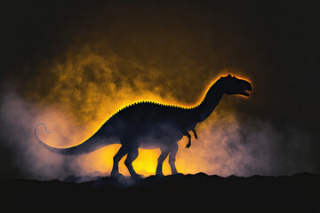 Giant dinosaur silhouette in the misty night. cleverly decorated with miniatures. background with a burning mist. selective attention. Generative AI