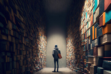 Ein Man steht in einer Bibliothek oder Bücherei mit vielen Büchern in den Regalen, Generative AI
 - obrazy, fototapety, plakaty