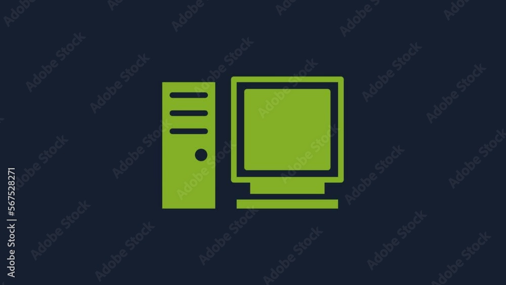 Poster yellow computer monitor icon isolated on blue background. pc component sign. 4k video motion graphic