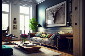 cozy living room in modern design with plants, interior furnishing made with Generative AI