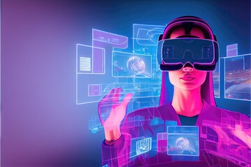 Women in the metaverse - adult female wearing VR headset and accessing digital AR overlays in a colorful background by generative AI