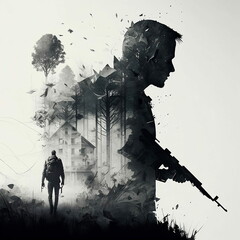 A soldier/hunter walking in the woods at night with a gun, black and white illustration
