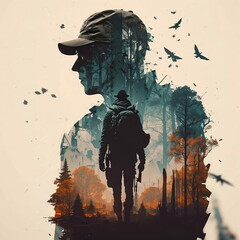 A soldier/hunter walking in the woods at night with a gun