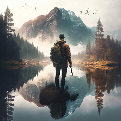 Hunter with a gun on the background of the mountain and lake