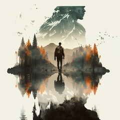 Hunter with a gun on the background of the mountain