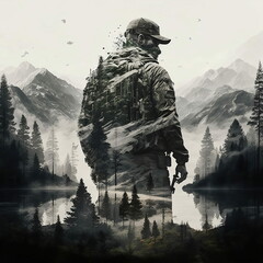 soldier in the forrest, black and white illustration