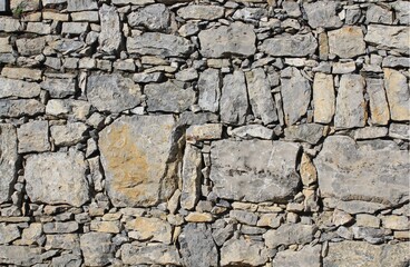Natural stone wall of different shapes sizes and thicknesses as well as color.
