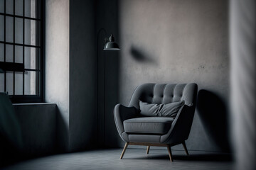 Gray armchair in a style loft apartment with a cement wall that is dark. Generative AI
