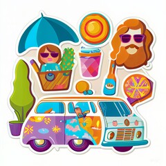 Set of groovy picnic characters and objects. Clipart.