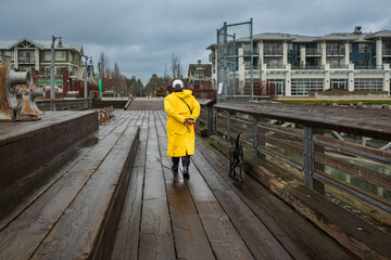 Walking the dog in yellow raincoat on rainy day. Female person and dog on a leash on a walk in park in bad weather