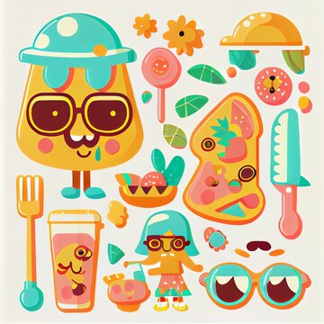 Set of groovy picnic characters and objects. Clipart.