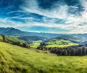 Panoramic View of a Sunny Eastern European Countryside in Springtime - obrazy, fototapety, plakaty