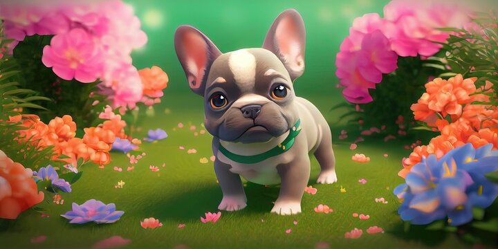 A 3D rendered computer-generated image of an adorable kawaii french bulldog puppy playing outside and enjoying the weather.