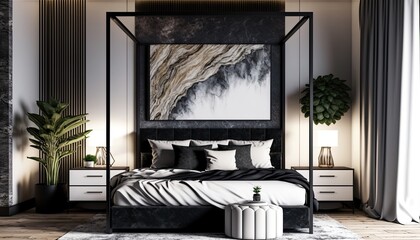 Modern Master Bedroom with Large Canopy Bed, Textured Wall Art and Black and White Theme generative ai